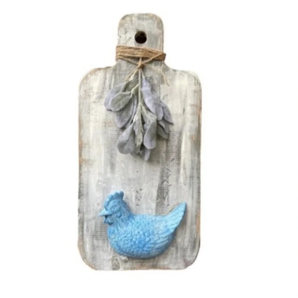 Handmade Wood Cutting Board Wall Art Ceramic Chicken Farmhouse Cottage Primitive